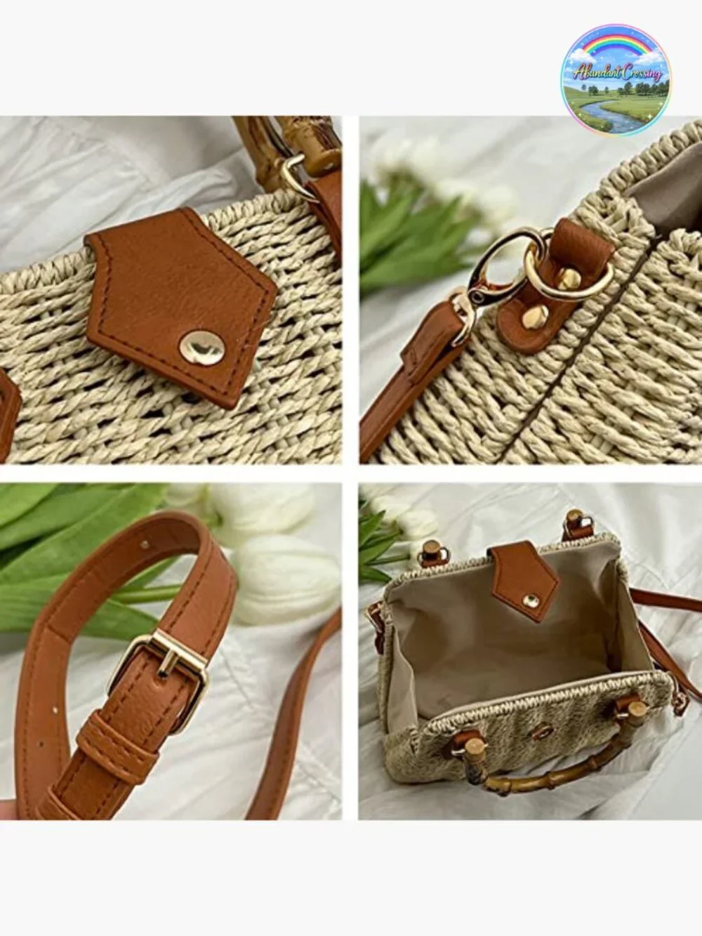Handwoven Straw Crossbody Bag Bamboo Handle Hobo Shoulder Purse